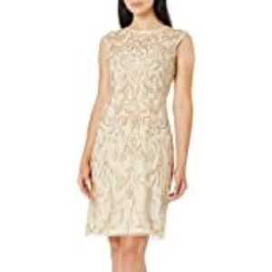 Pisarro Nights Ivory/Gold Beaded & Embroidered Sheath Dress - size 8
